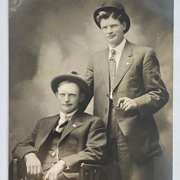 c1910 RPPC 2 Young Men Suits Fedora Bowler Hats Studio Real Photo Postcard CyKo - Picture 1 of 3